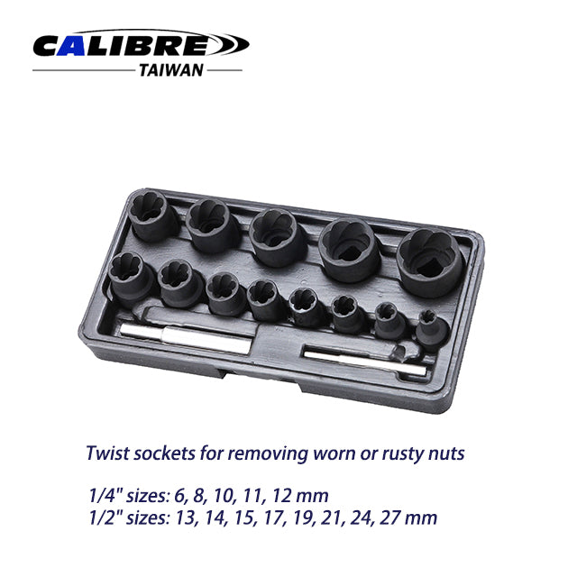 15pc 1/4”+1/2” Drive Twist Socket Set